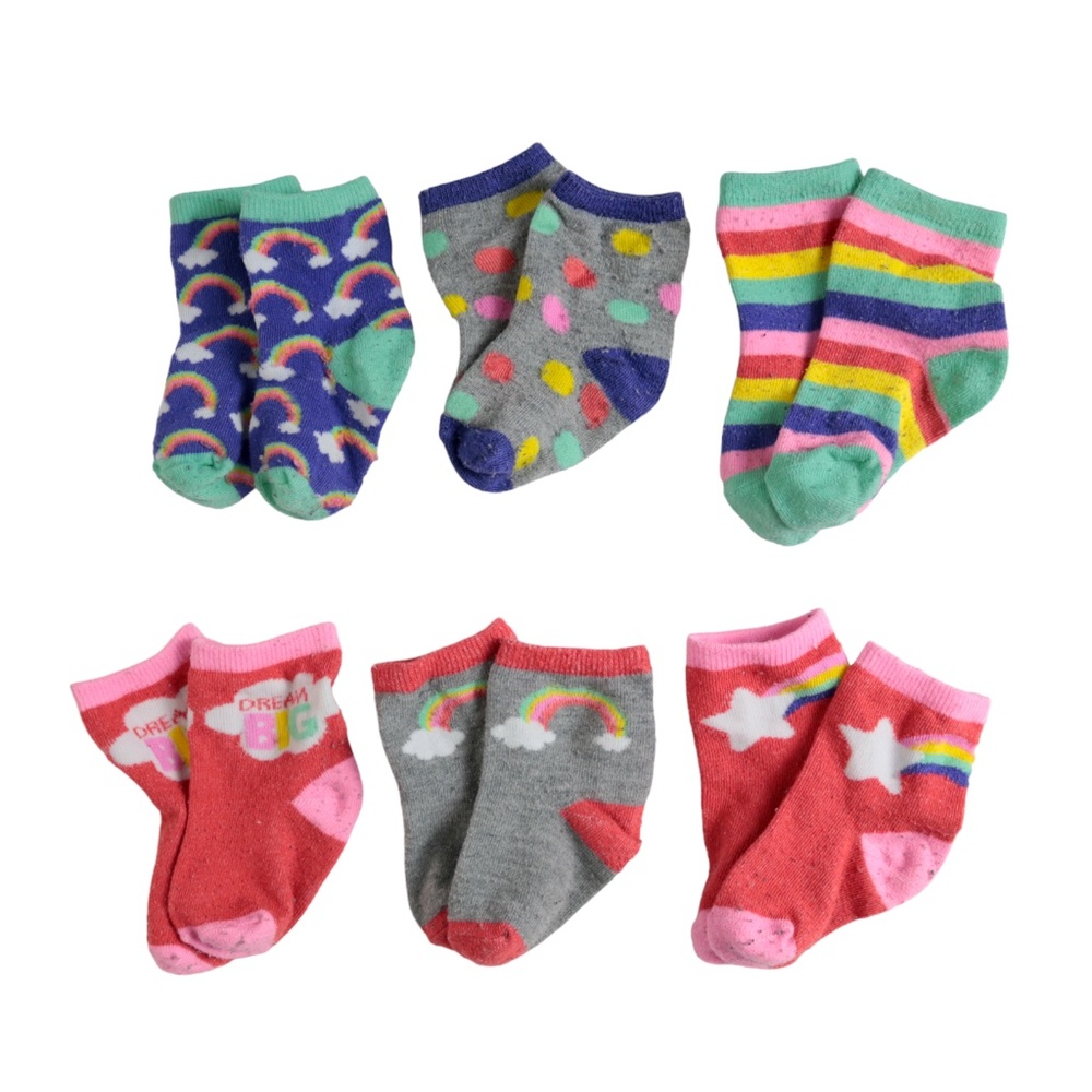 6 Pk Baby Girl Infant Rainbow Multicolor Ankle Socks Lot Size 6-12M